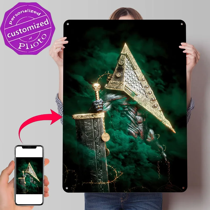 Pyramid Head With Great Knife Poster Retro 3D Printed Metal Signs Customized Wall Hanging Gift for Home Decor Living Room House