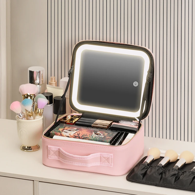 Makeup Travel Train Case with LED Lighted Mirror, 3 Color Adjust Settings, Travel Makeup Bag With Adjustable Dividers,