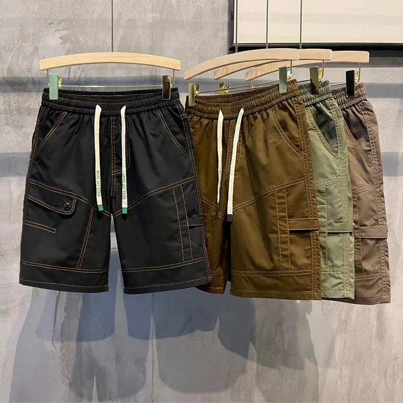 

Summer Men's Retro Workwear ort Pants Casual Pure Color Belted Mid-Calf Five-Point Pants Versatile Loose Fit Straight Leg