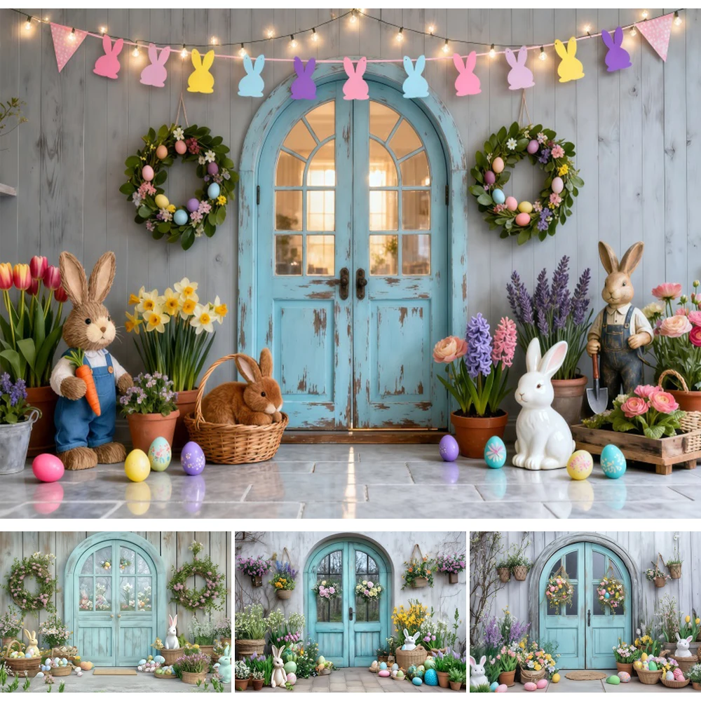 

Easter Kids Portrait Photography Background Blue Arch Wreath Spring Flowers Bunny Eggs Easter Party Photozone Backdrop Props