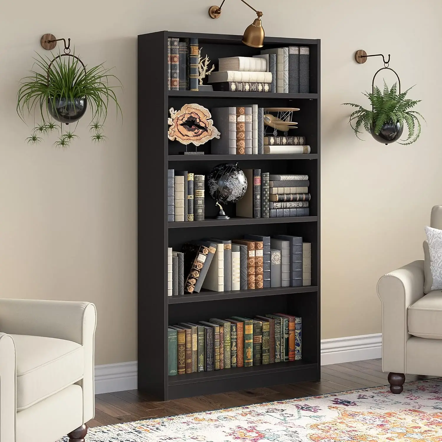 Bush Furniture Universal Tall 5 Shelf Bookcase in Black, Vertical Storage and Display Bookshelf for Home Office or Living Room