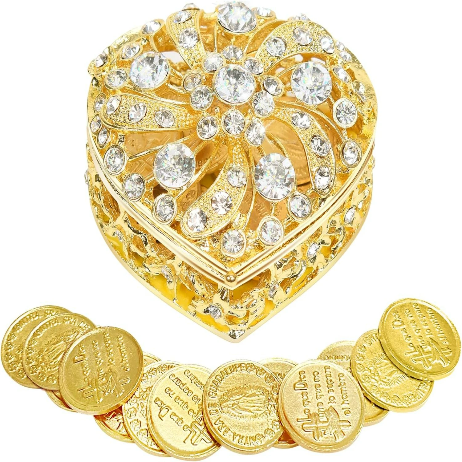 Exquisite and Elegant Gold Heart Shaped Wedding Arras Coins Set for a Christian Ceremony, featuring 13 Stunning Virgen of Guadal