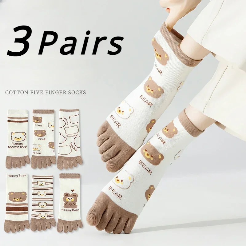 3 Pairs Cute Five Finger Socks Women Cotton Toe Sports Socks with Separate Fingers Cartoon Bear Kawaii Socks Summer