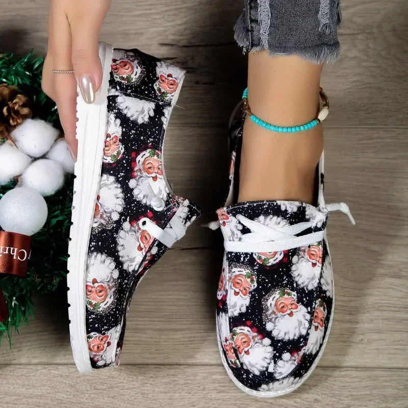 Christmas Sneakers Woman Lonely Canvas Shoes  Autumn Santa Claus Print Fashion Breathable Casual Flat Shoes New Year Gifts