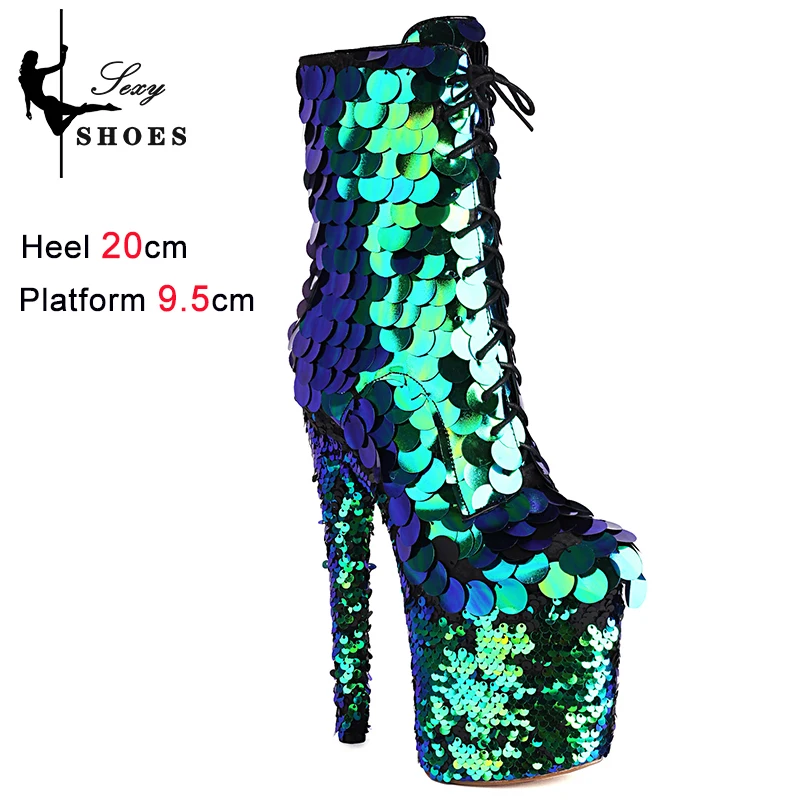 

Women's Winter Boots 2023 Platform Pole Dance 20CM/8Inchs High Heels Side Zip Sequined Cloth Ankle Boots Stripper Shoes Big Size