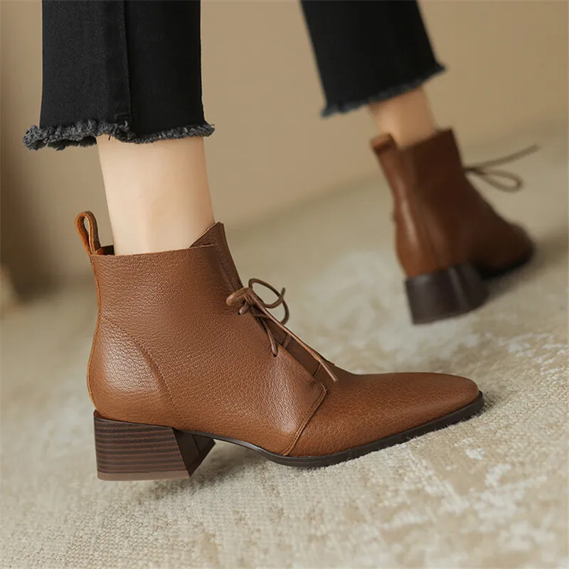 2023 New Autumn Genuine Leather Women Boots Round Toe Chunky Heel Ankle Boots for Women Winter Fashion Boots Lace Women Shoes