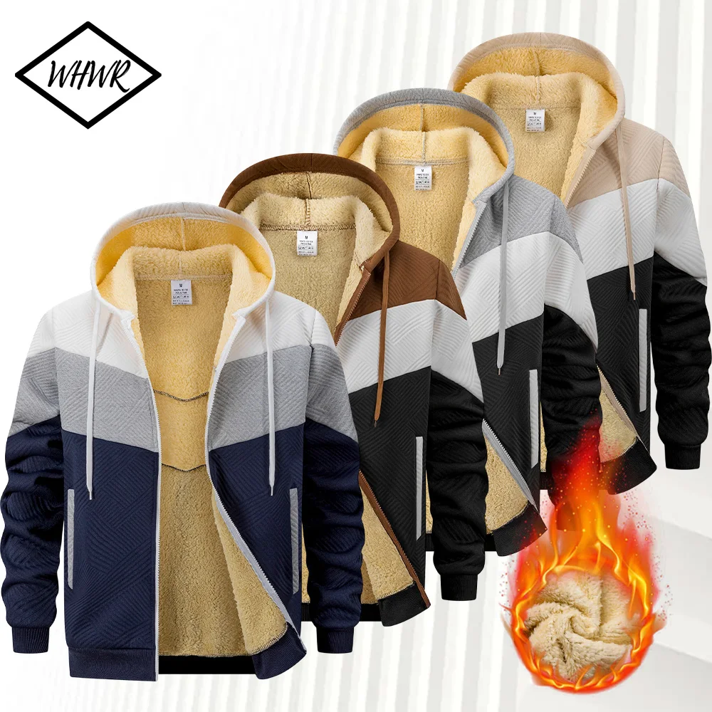 الشتاء الرجال المرقعة هوديي سترة في الهواء الطلق ملابس رياضية كاجوال الشارع أزياء الرجال الصوف الحراري سستة مقنعين البلوز #1