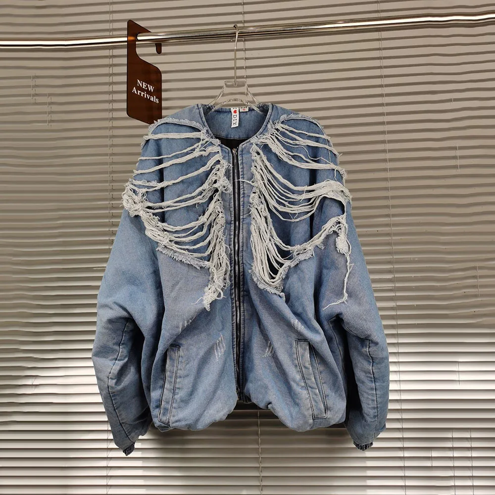 

Winter Round Neck Denim Jackets For Women Puff Sleeve Ripped Hole Loose Cotton Liner Blue Jean Coat Women Vintage Washed Outwear