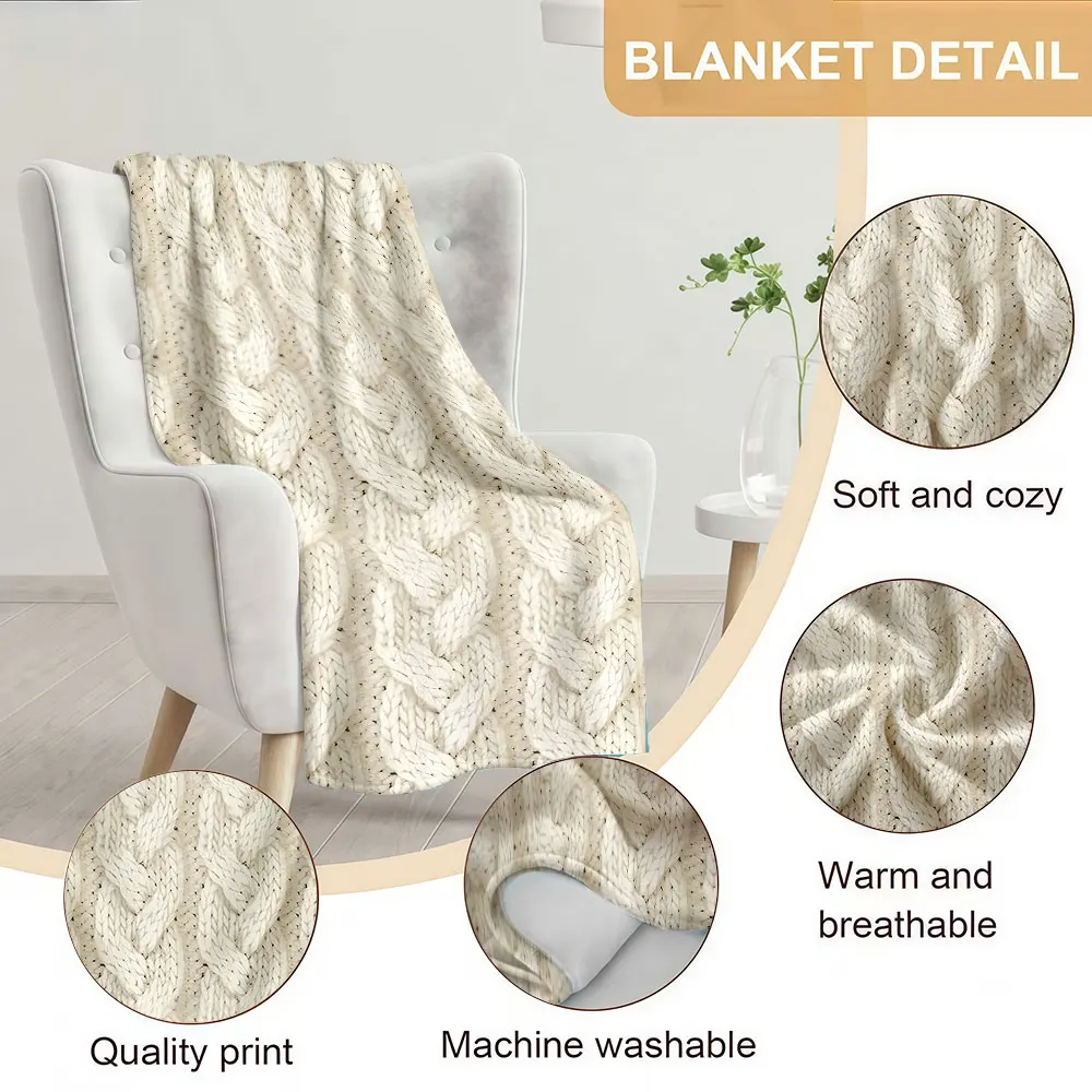Cream Cable Knit Soft Warm Flannel Blanket Lightweight Cozy Christmas Halloween Home Decor Room