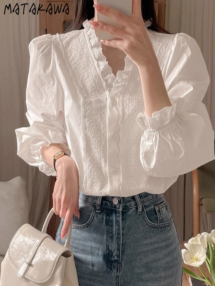 

Matakawa Lace Ruffles Blouses Solid White Elegant Spring Autumn Puff Sleeve Women Shirts Korean Fashion Sweet Blusas Mujer
