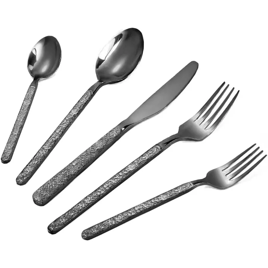

20Piece Black Silverware Set Hammered 18 10 Stainless Steel Flatware Set for 4 FoodGrade Cutlery Set Tableware Set Including Fo