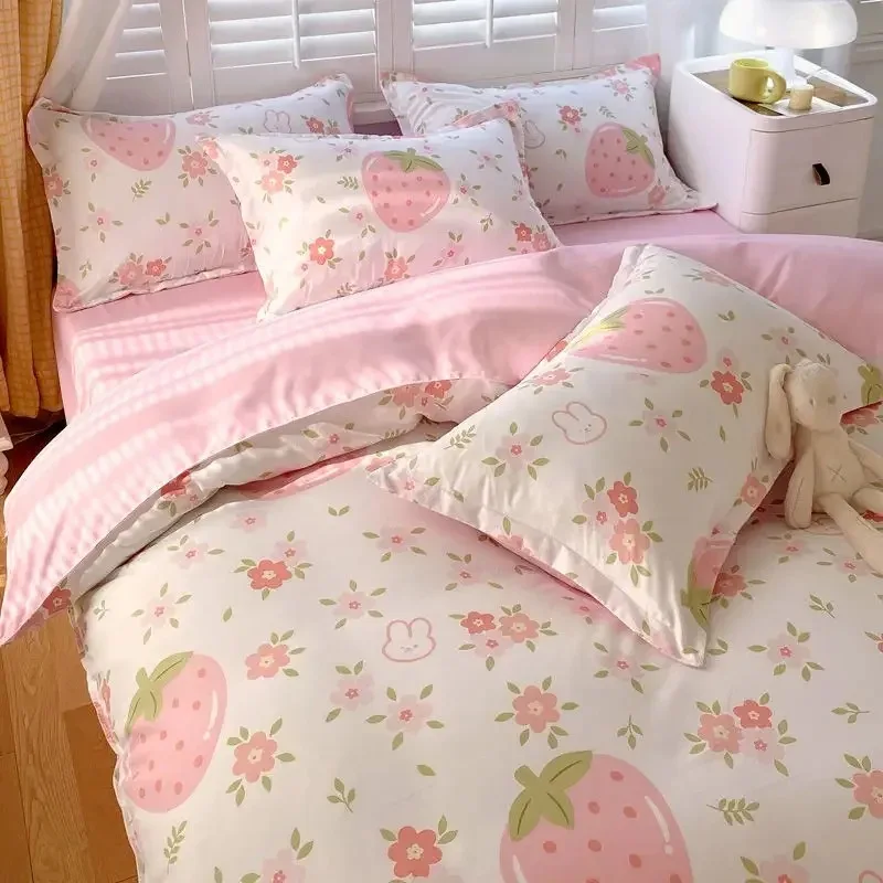 Funda nórdica de fresa rosa, Sábana plana, funda de almohada, juego de cama Floral, ropa de cama para niñas, ropa de cama de algodón lavada suave y gruesa