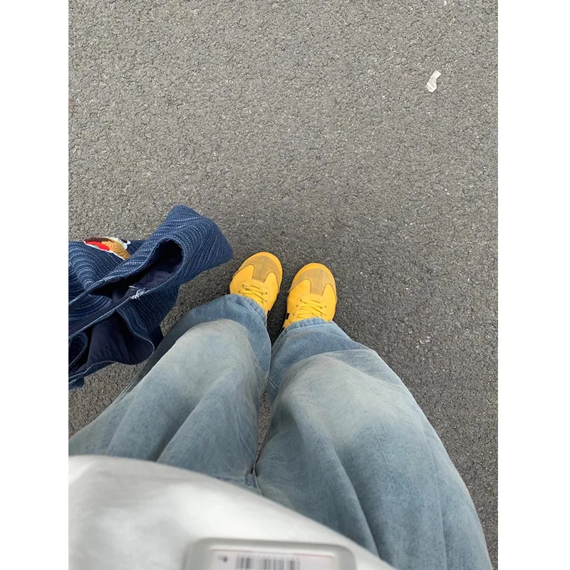 Wide Jeans Trousers For Woman Straight Blue Casual Retro 2000S American Distressed Hole Ripped Female Clothing Unisex Basic