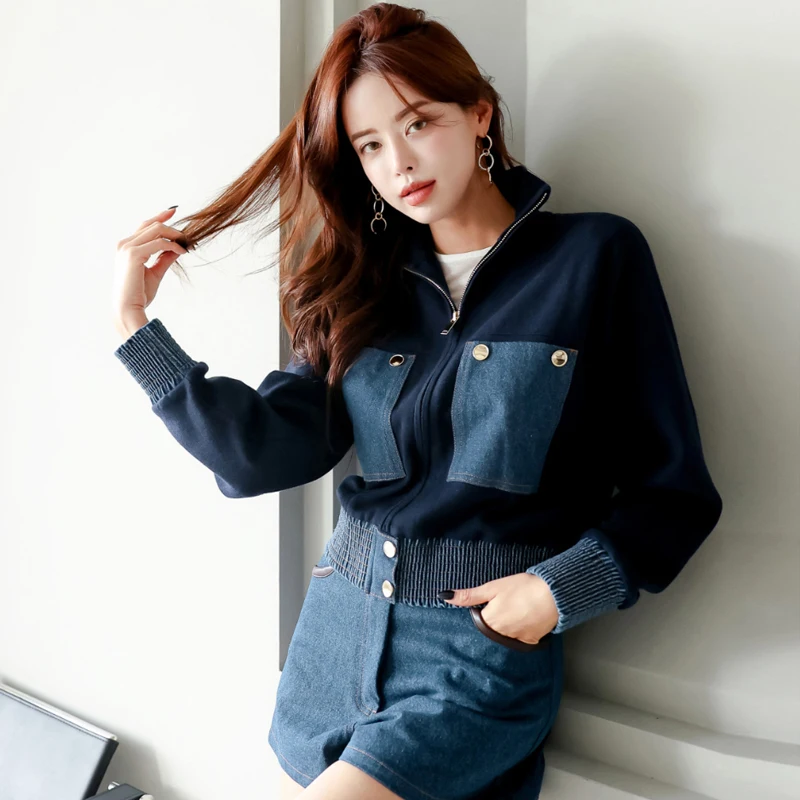 

Корейская куртка женская бейсбольная ковбойская вязаная короткая куртка на молнии с высоким воротом и длинным рукавом в стиле ретро, осенне-зимняя повседневная куртка