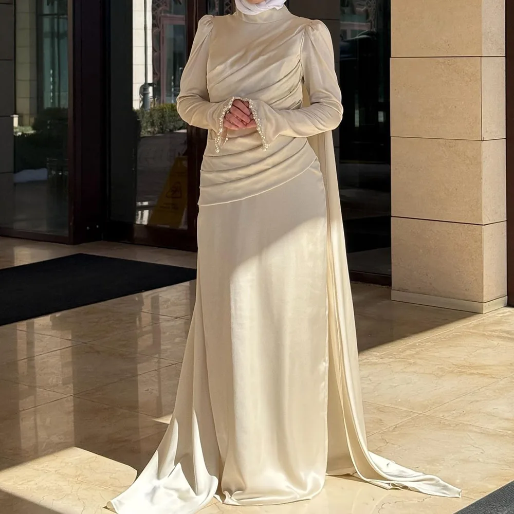 

Customzied Straight Prom Dresses Floor-Length High-Neck Full Sleeve Evening Gown Fashion Pleat Beading Simple Draped Party Gown