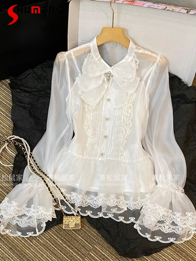 

Fashion Elegant Bow Lace Blouse Women 2025 Autumn New Small Fragrant Sweet Lace Loose Shirts Feminine Long Sleeve Trendy Tops