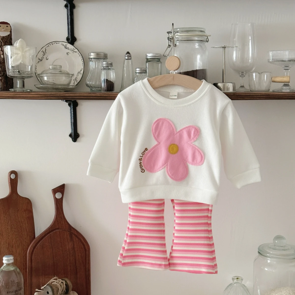 Spring Autumn Baby Boys Girls 2Pcs/Set Cartoon Pink Flower Patch Tracksuit Top Stripe Pants Leisure Vacation Outfit