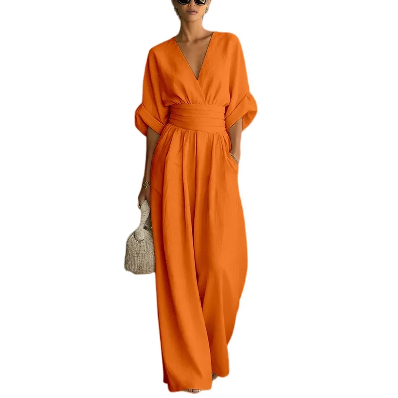 Combinaison pour femme tendance, taille haute, col en V, décontractée, sexy, couleur unie, pantalon large, tenue de bureau et de vacances