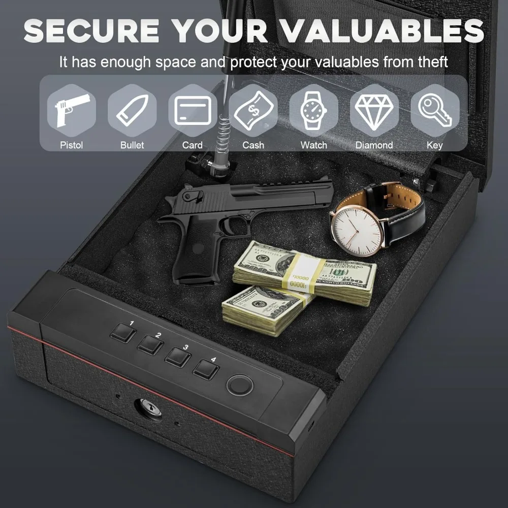 Biometric Fingerprint Gun Safe, Three Ways Quick Access Gun Lock Box for Pistols with Keys, Key Pad, USB-C Port and LED Light, B