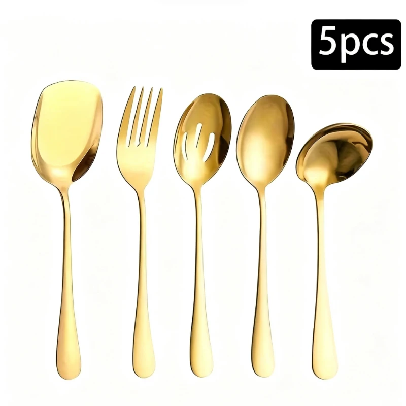 5pcs1010 Stainless Steel Serving Utensils, Public Serving Spoon Fork, Multifunctional Buffet Banquet Kitchen Tableware
