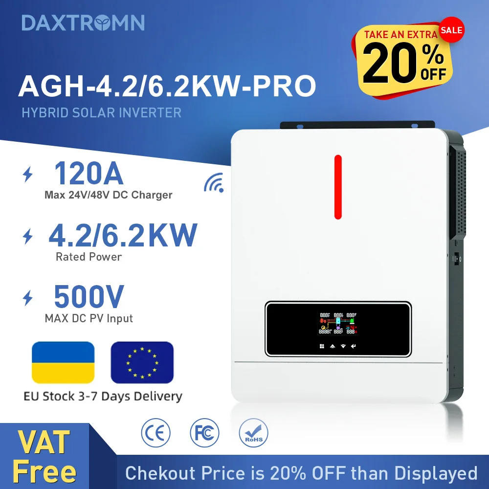 Daxtromn 3.6KW 6.2KW solar inverter 24VDC 48vDC hybrid mppt 6200W pure sine wave hybrid charge controller 120A off grid On Grid