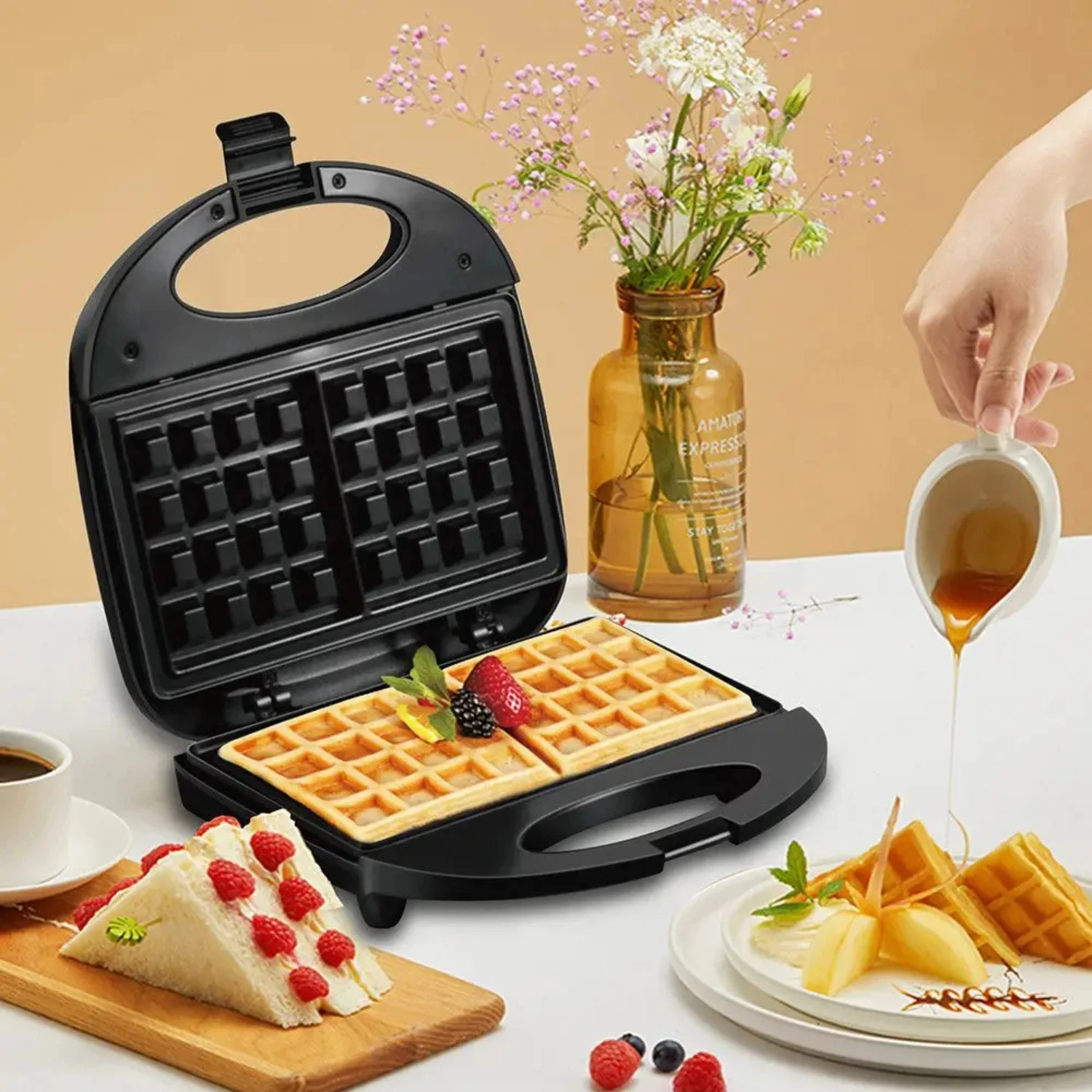 New 850W Mini Non-Stick Double Sided Heating Waffle Maker Sandwich Machine for Breakfast Toaster Appliance, 110V 220V Efficient 