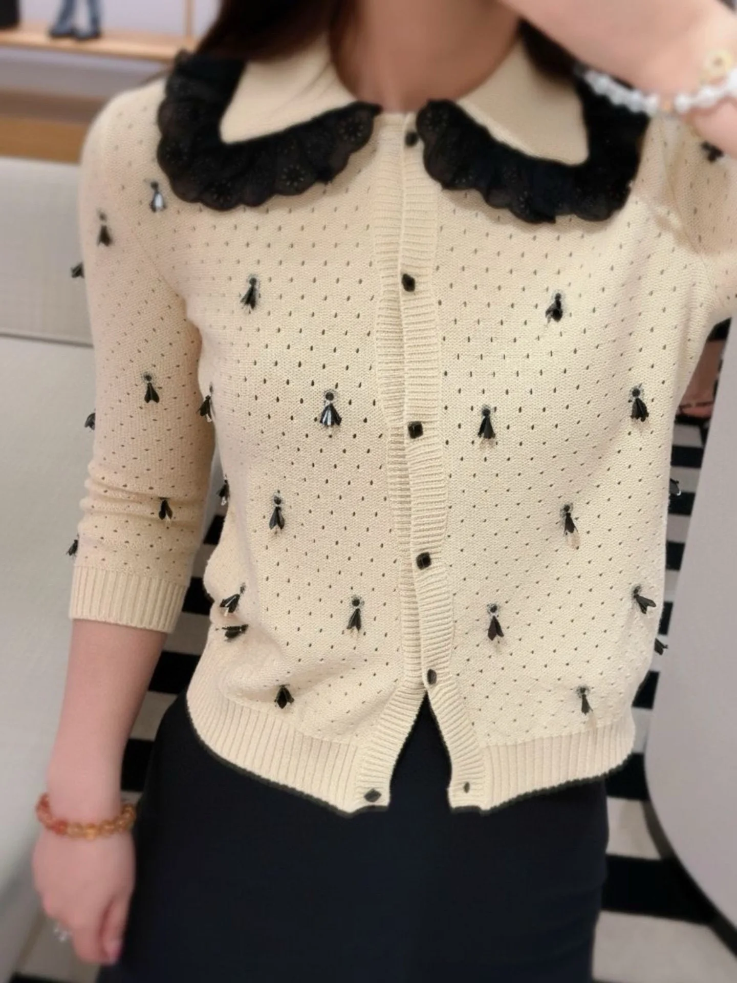 

Sweet Girls Patchwork Lace Peter Pan Collar Knitted Cardigan Fashion Embroidery Tassel Yellow Sweater