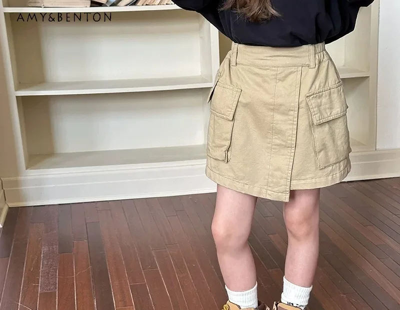 

Girls' Trendy Khaki Cotton Skort with Cargo Pockets Irregular Hem Design with Safety Shorts Perfect for Playdates and Daily