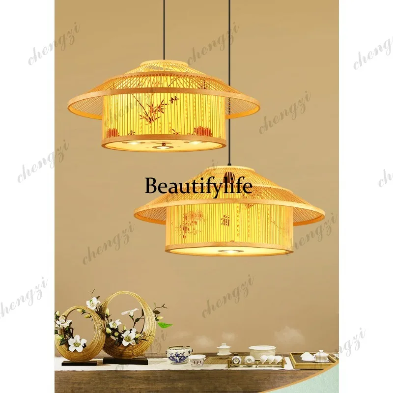 New Chinese-style hotel restaurant private room lampshade bamboo art hotel special lamp bamboo chandelier with spotlight