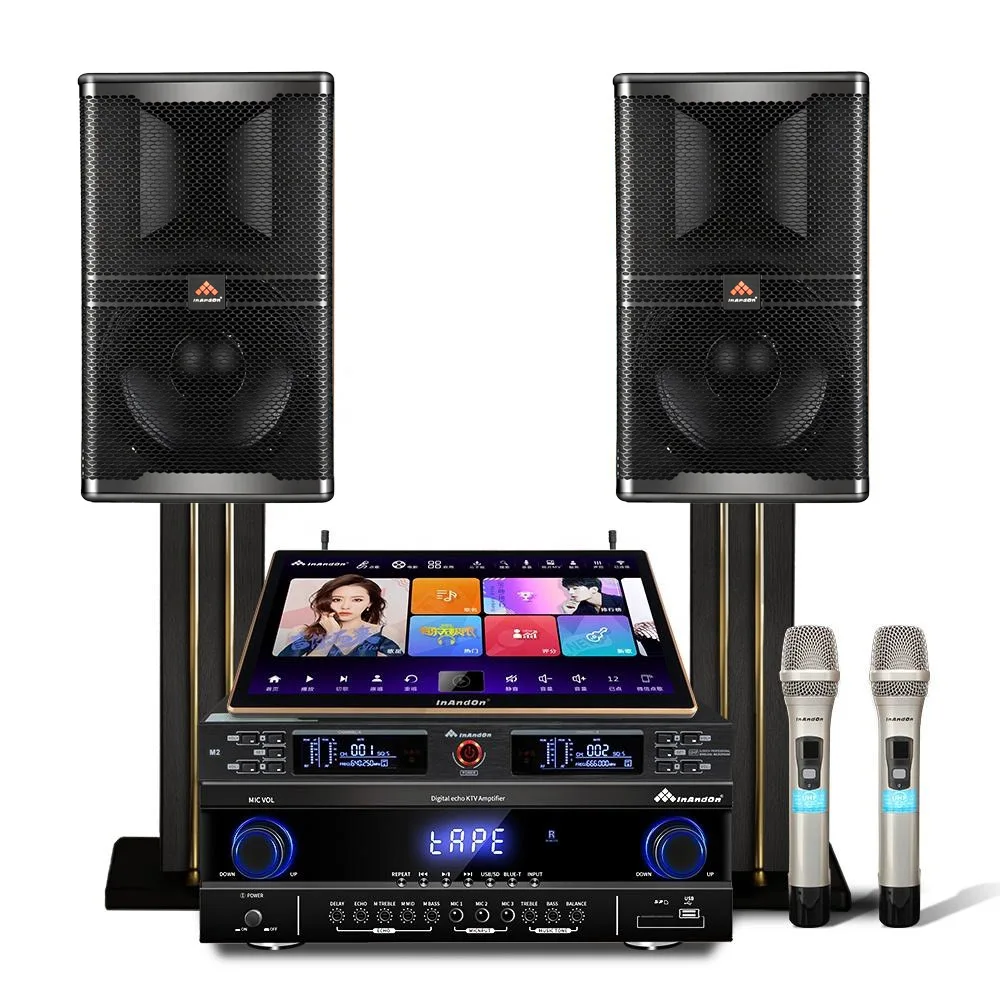 Inandon Portable Home Karaoke System with 2TB Song Library Wireless Microphones Powerful Speakers for Family Party Entertainment