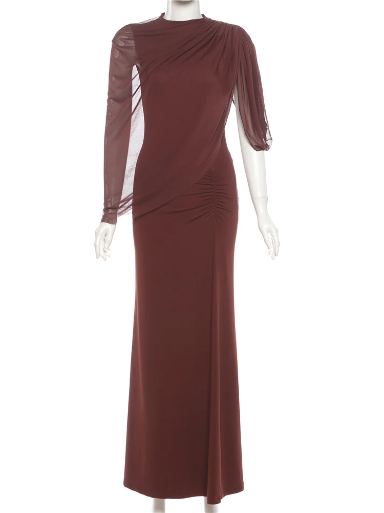 Sukienka z nieregularną siateczką, damska, z odkrytymi ramionami, bez rękawów, marszczona, elegancka, seksowna, na studniówkę, elastyczna, dopasowana, maxi, bodycon.