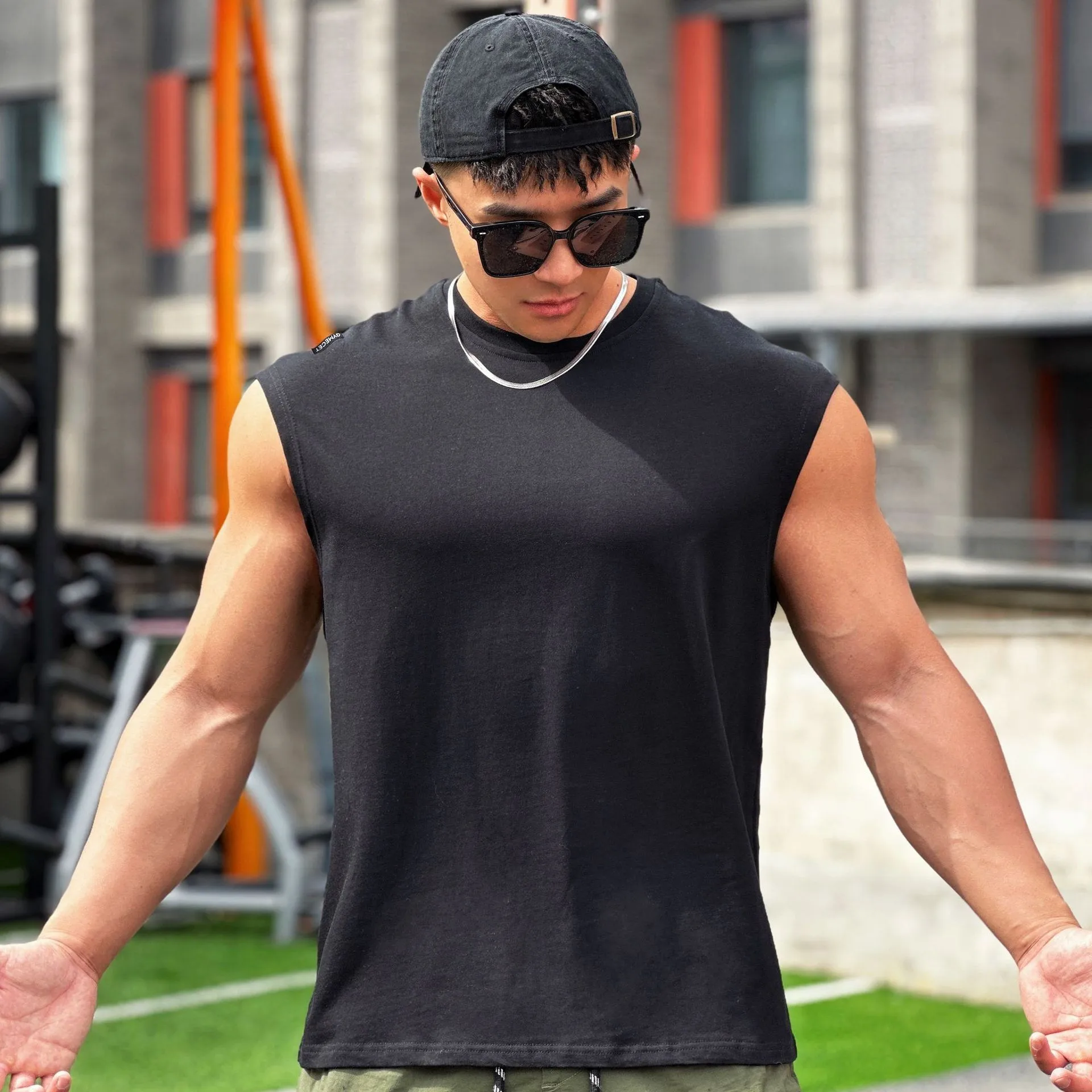 Summer Fitness Iron Heavy Duty Cotton Tank Top Men's Running Leisure Sports Sleeveless Wide Shoulder T-shirt