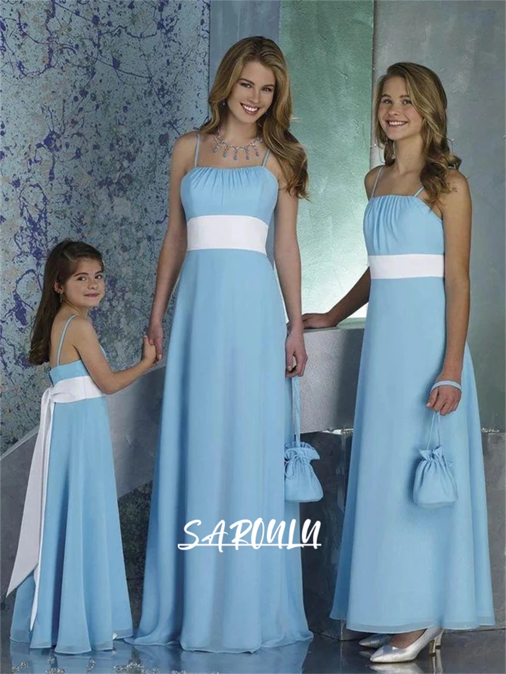 Espaguete chiffon simples vestido de dama de honra com arco uma linha até o chão vestido de festa de casamento robes invitée mariage