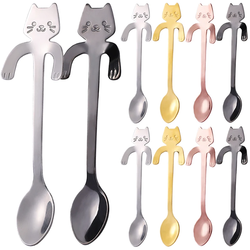 Cute Cartoon Cat Spoon Stainless Steel Coffee Spoons Long Handle Teaspoons Ice Cream Dessert Scoops Kitchen Tableware Gadgets