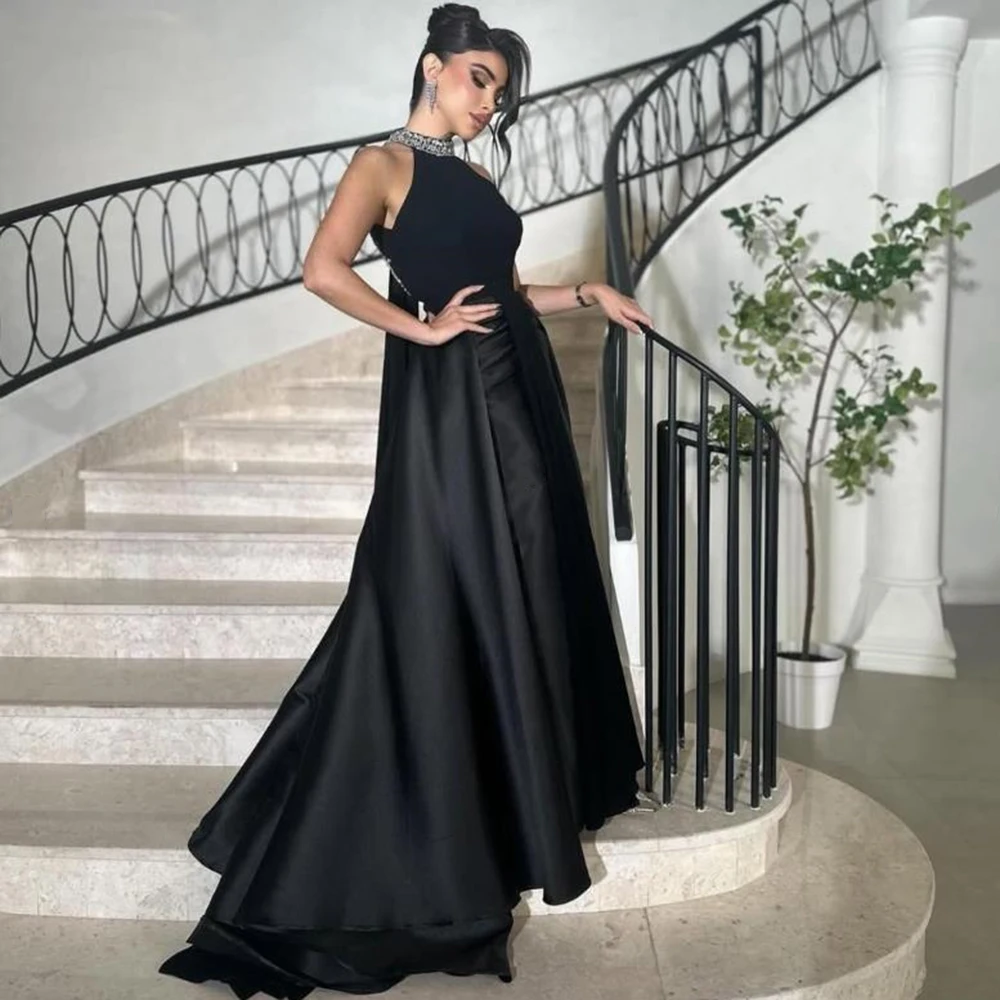 

Customized Crystal Simple Black Satin High neck A-line Evening Dresses Sleeveless Train Sexy Backless Floor Length Party Gown