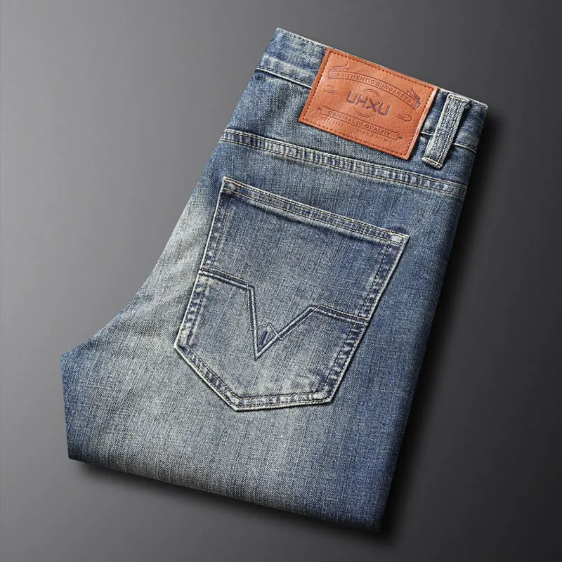 European Retro Fashion Men's Jeans Slim Fit Split High Quality Retro Blue Jeans Men's Elastic Casual Designer Denim Pants Hombre