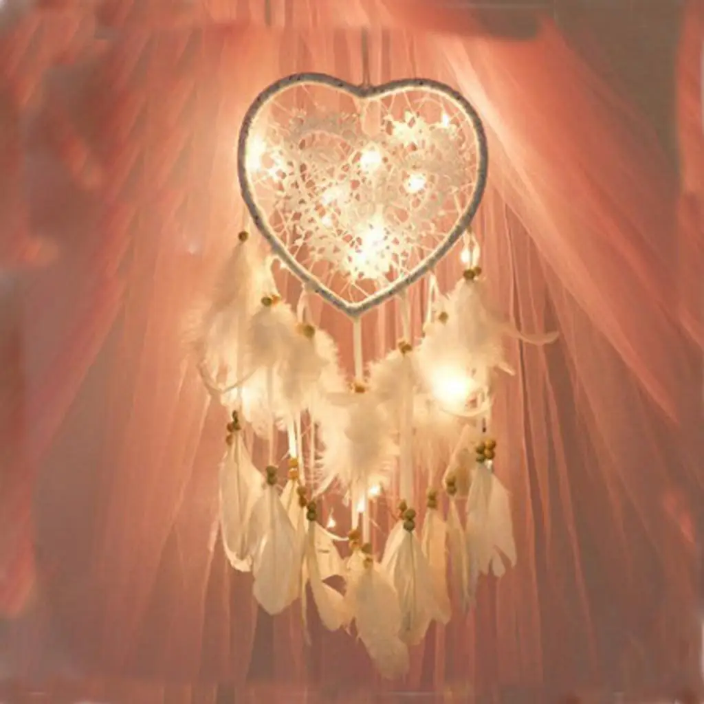 Handmade Heart Feathers Dream Catcher Night Light Art แขวนผนังตกแต่งรถ