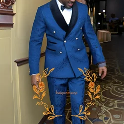 Royal Blue Jacquard Men's Suit 2 Piece Set Wedding Groom Tuxedo Double Breasted Blazer Pants Formal Outfit Custom Suit Men