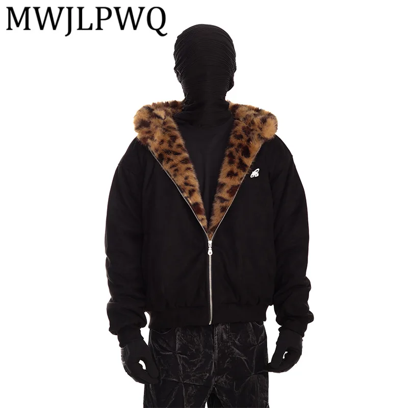 

MWJLPWQ American Style Patchwork Suede Leopard Print Fur Collar Hooded Cotton Coats For Men And Women Black Vintage Winter 12797