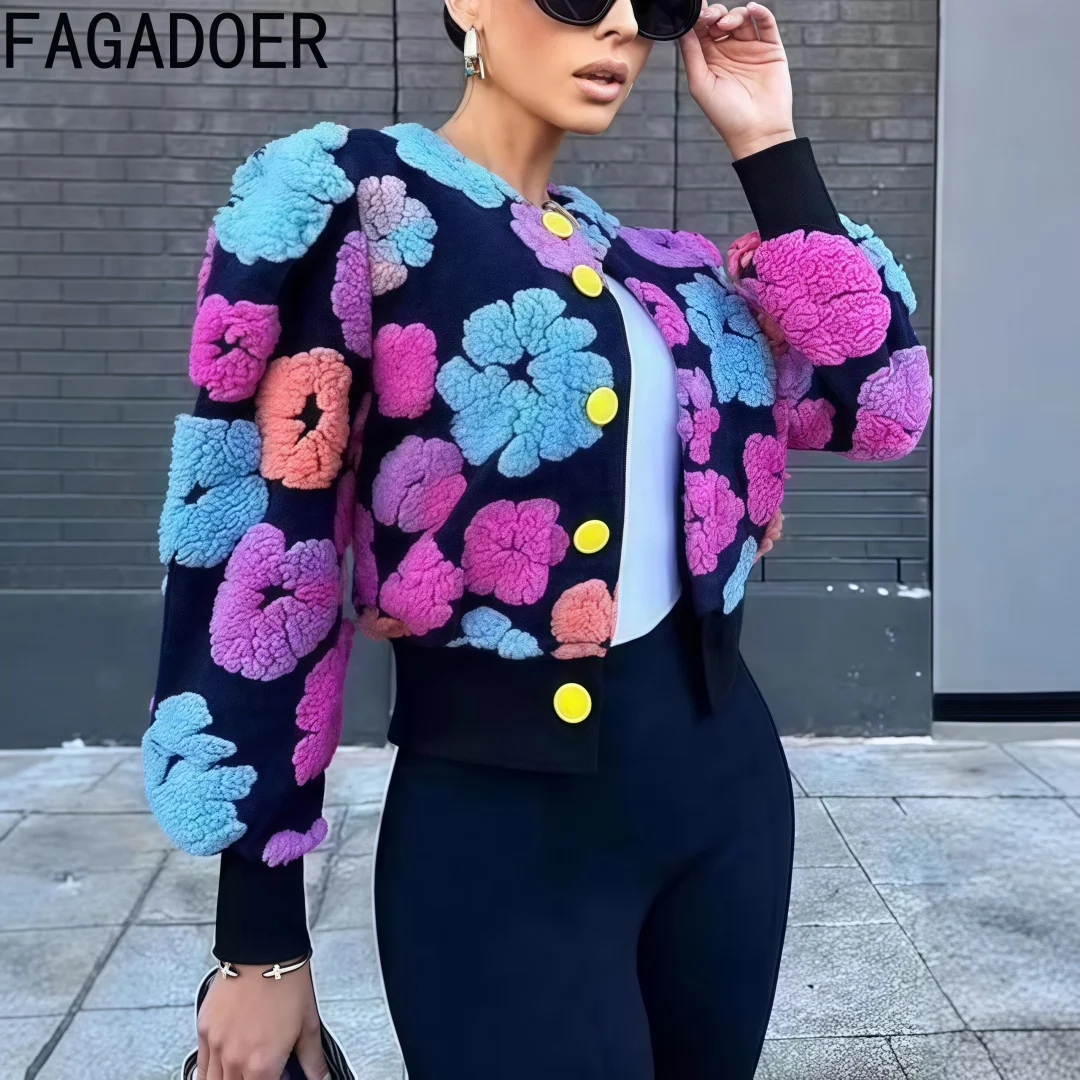 FAGADOER Fashion Street Jacquar Button Long Sleeve Coats Women Slim Vintage Jacket Autumn Elegant Lady Top Clothing Streetwear