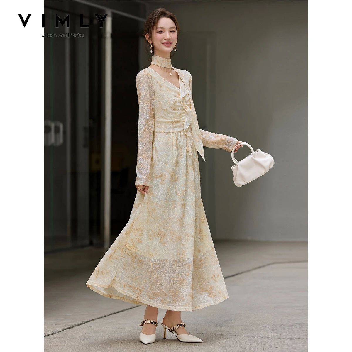 VIMLY Ribbon V-neck Long Dress Women Autumn 2026 New Ruffled Floral Tea-length Dress Elegant Long Sleeve Dresses Female 30759