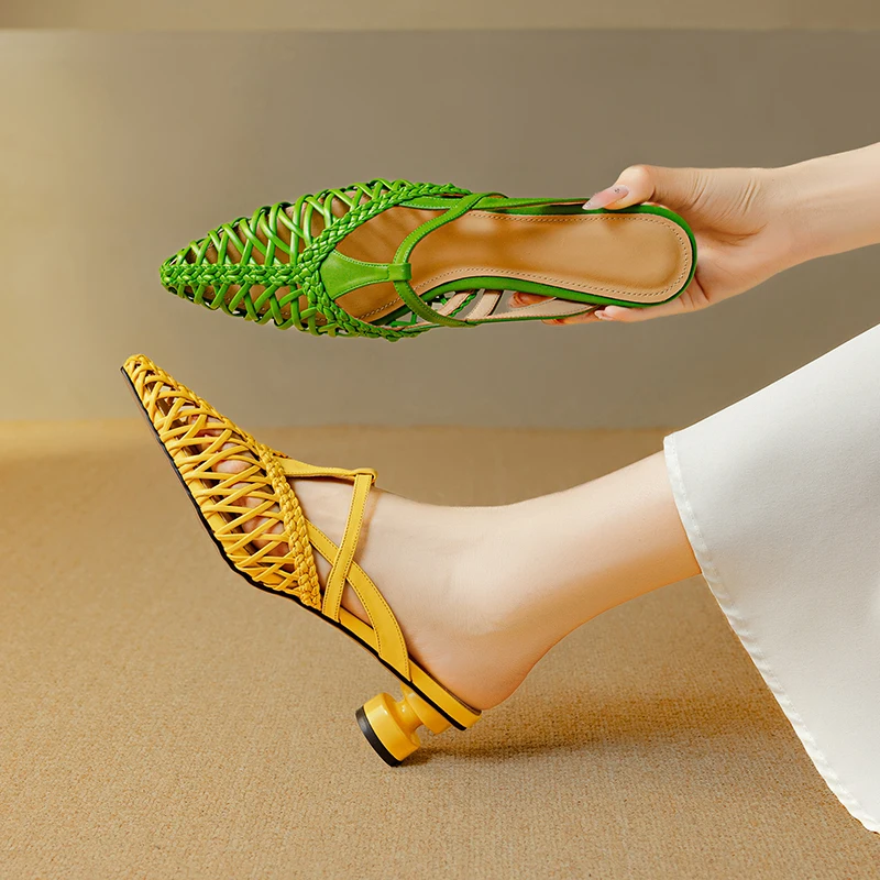 2026 new spring autumn women mules natural leather 22-25cm weave cowhide+sheepskin+pigskin pointed toe women sandals women shoes