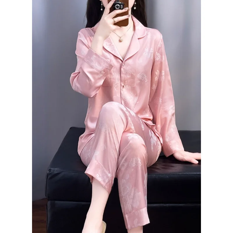 【 Original Design Niche 】 Light Luxury Pajamas Women Spring and Autumn Long Sleeve New Home Dress Set Women Thin Ice Silk Summer