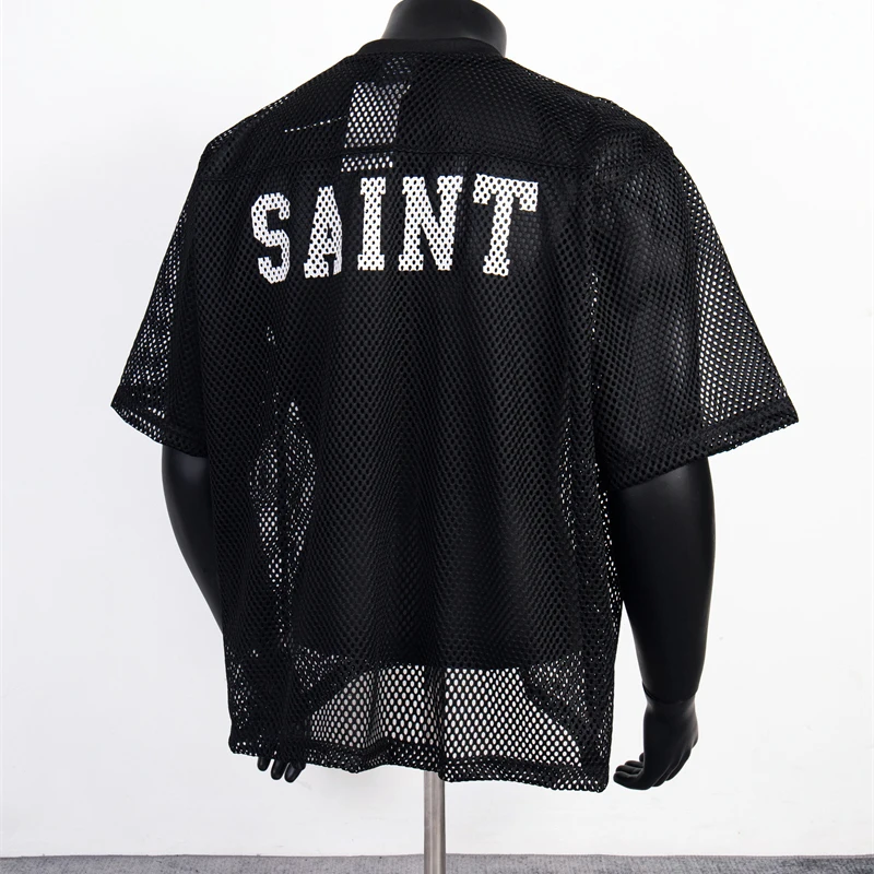 Saint Hollowed-out Mesh T-Shirt Men No.80 Letter Print breathable Casual Short Sleeve American street SAINT t shirt