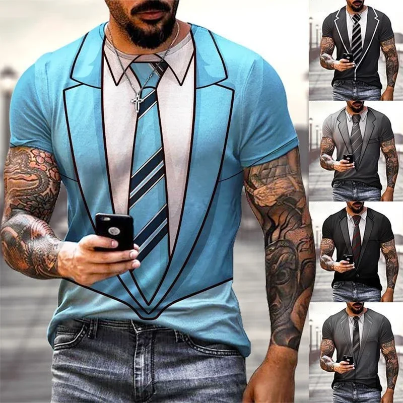 

Summer fashion funny fake suit 3D printed T-shirt tailcoat tie T-shirt men's street short sleeved T-shirt