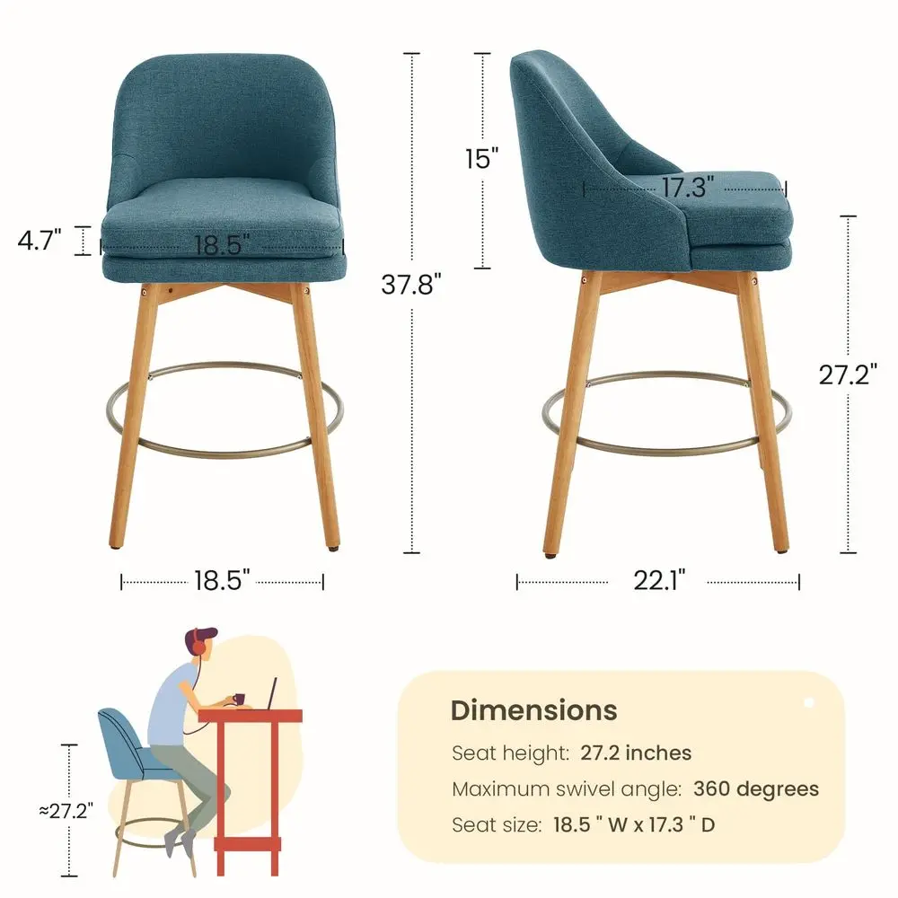 

Modern Bar Stools Set of 2,Swivel Counter Height Bar Stools with Soft holstered Back,Thick Seat,Wooden Legs, 27 Counter Stool