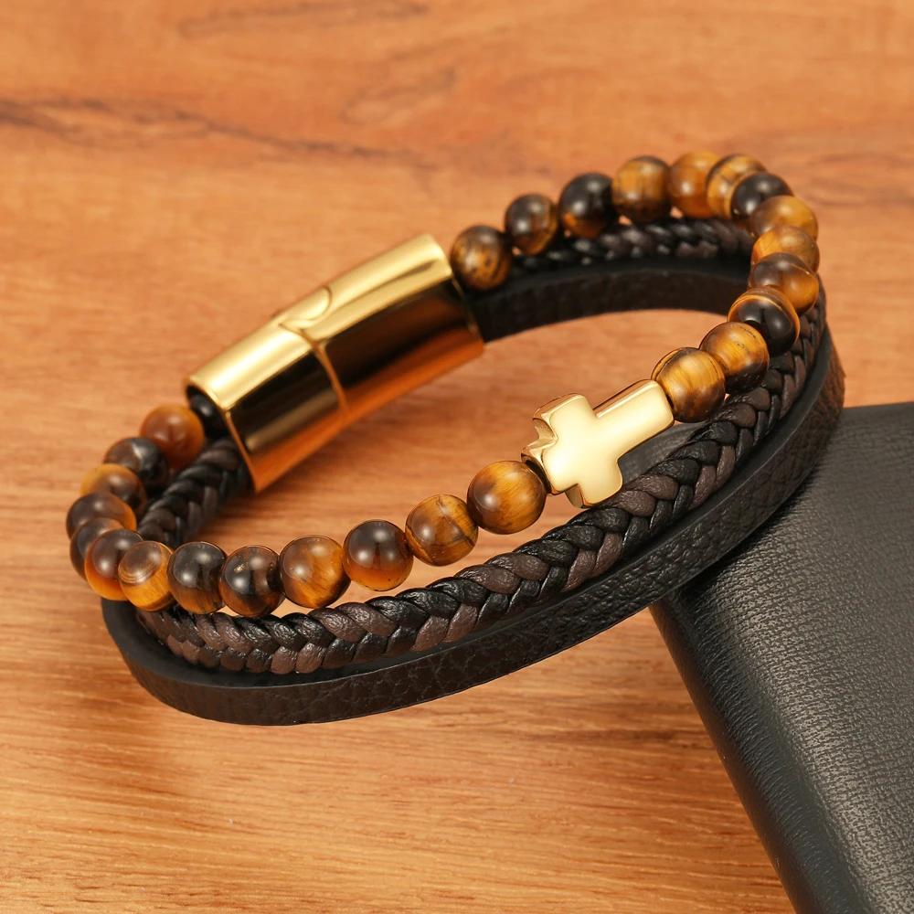Vintage Men's Multi-Layer Leather Beaded Cross Bracelet As A Gift for Boyfriend and Father