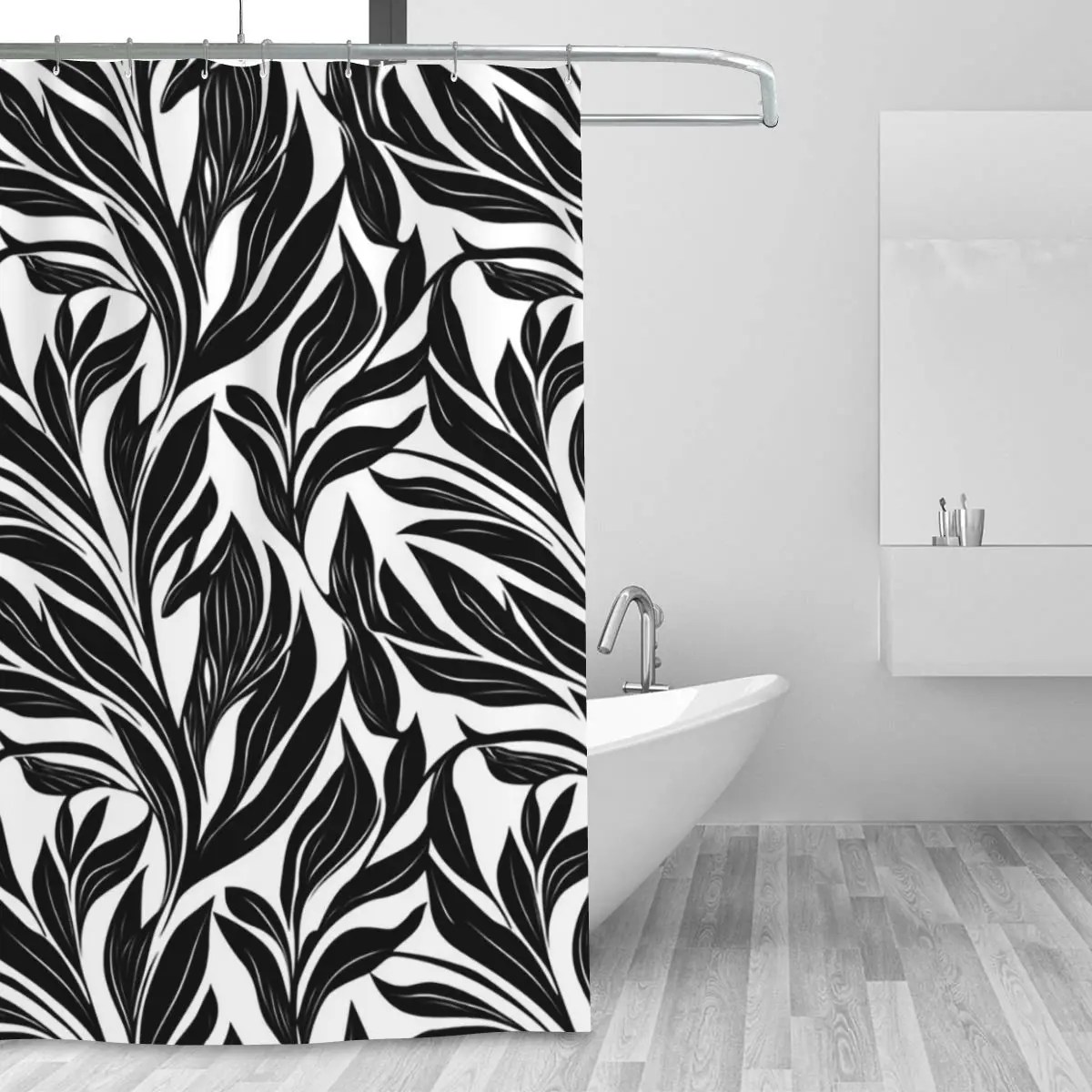 Black And White Botanical Leaf Seamless Pattern Shower Curtain Bathroom Polyester Waterproof Bath Curtains with Hooks