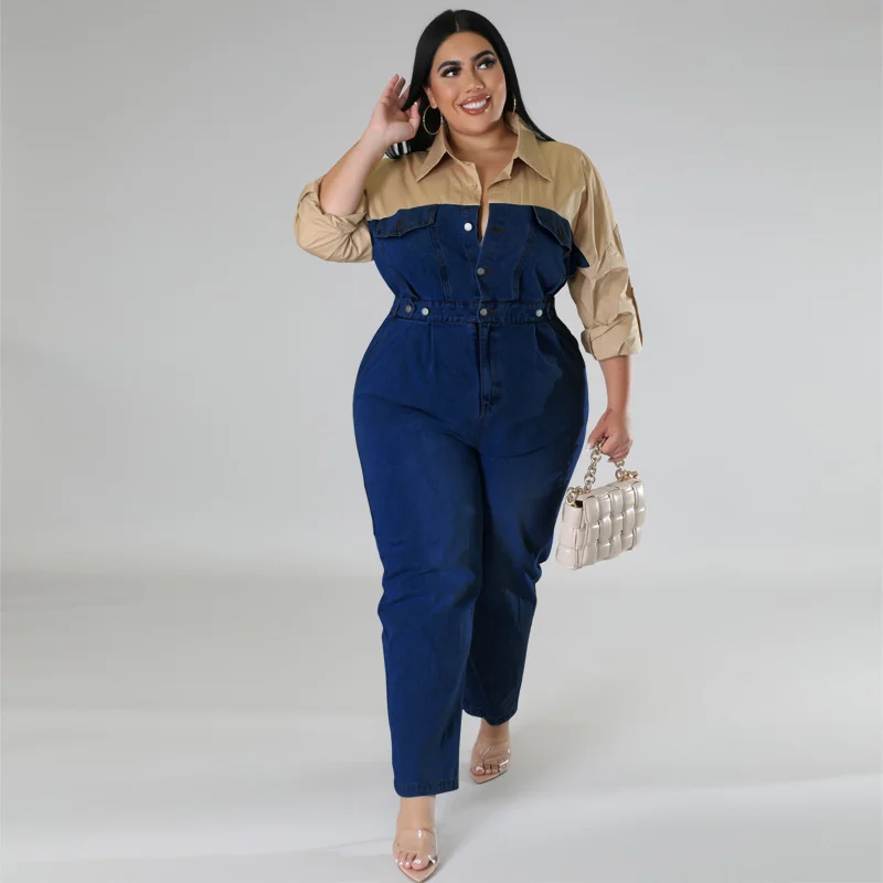 Plus Size Large Women\'s Jumpsuit New Denim Color Contrast Long Sleeve Jumpsuit Loose Fashion Casual Bodysuit Female Clothing