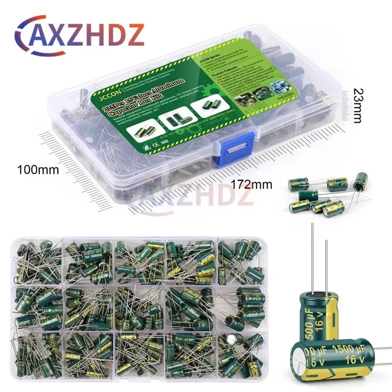 225PCS 15 Values 16 25 35 50V High Frequency DIP Aluminum Electrolytic Capacitor Box Kit 100uF 220 470 4.7UF